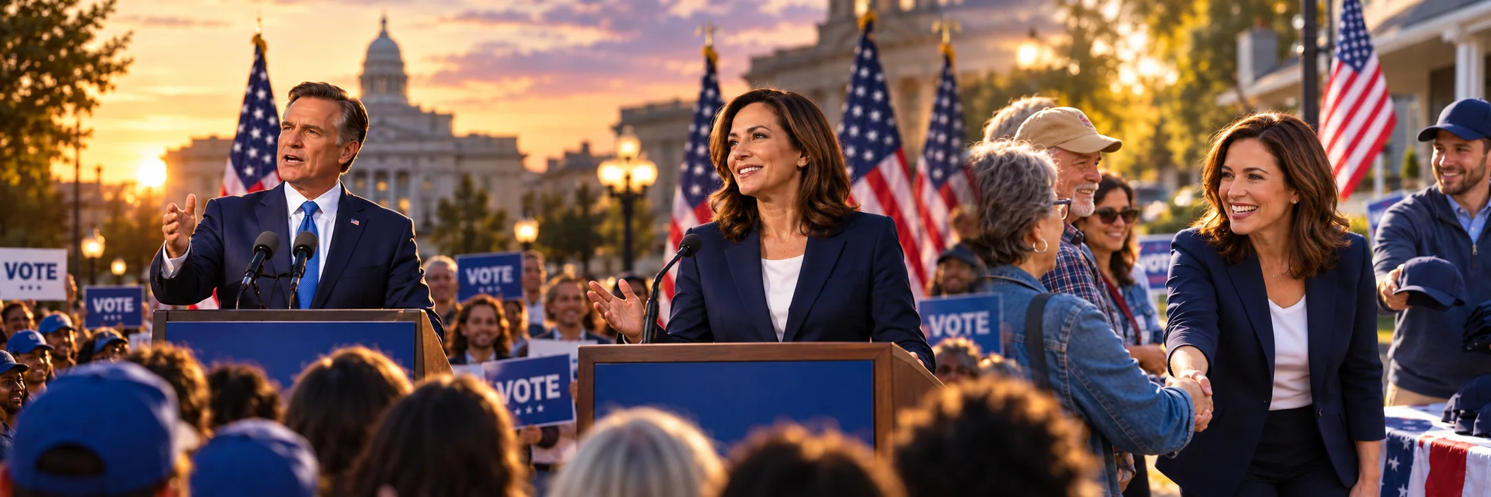 Illustrative blended campaign scenes: male and female candidates speaking and a candidate greeting voters