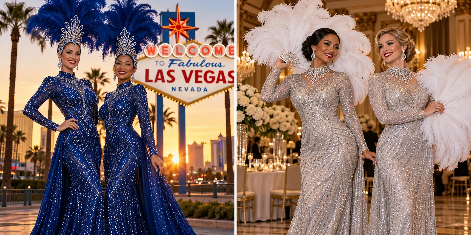 Illustrative Las Vegas event performers in feathered headdresses and rhinestone gowns near the Welcome to Las Vegas sign and in a ballroom